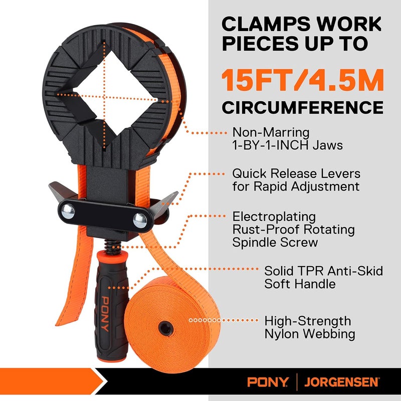 Jorgensen PONY 5-in-1 Strap Clamp with 4-Pack 6-2/7" Spring Clamps, Woodworking Frame Clamping Strap Holder, Rapid Acting Band Clamp - Image 2